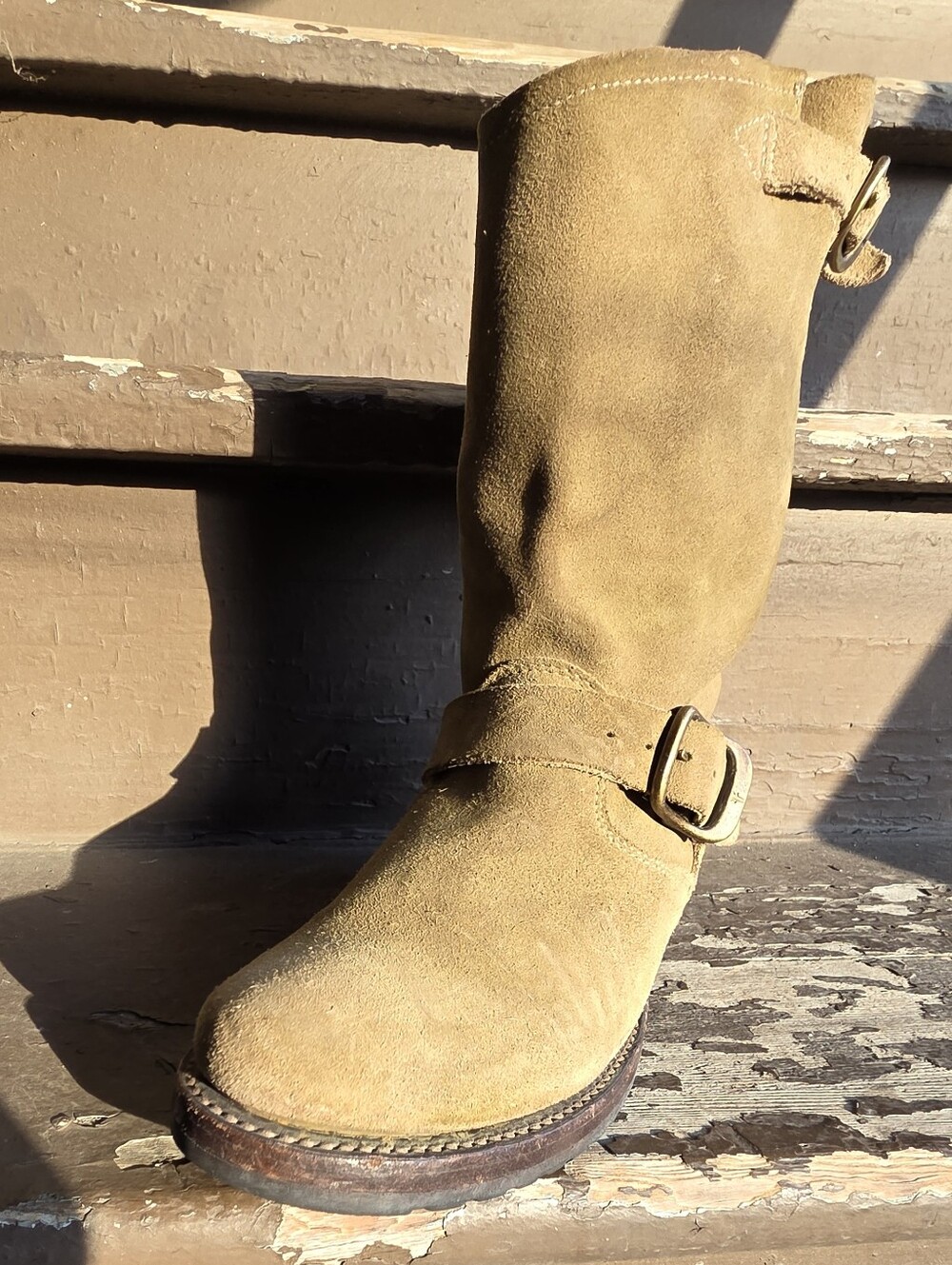 Frye Veronica Short 70590 Womens Green Tan Suede Hook & Loop Engineer Boots - Picture 5 of 15
